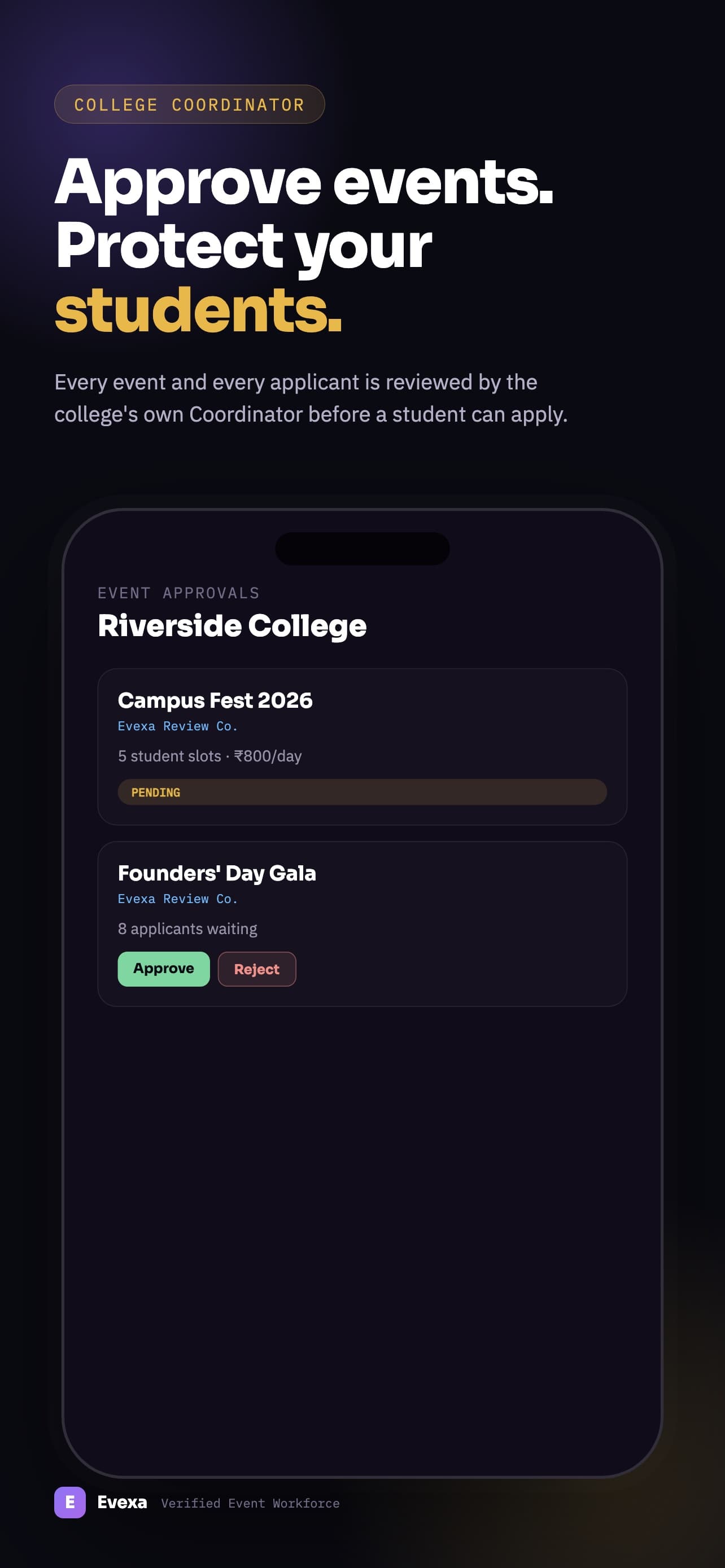 Approve events. Protect your students. — College Coordinator event approvals.