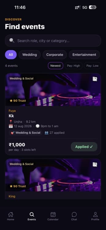 Evexa find events screen for browsing and applying to gigs